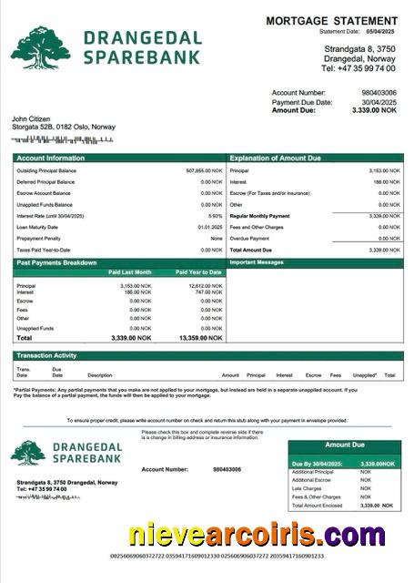 Norway Drangedal Sparebank mortgage statement Word and PDF template